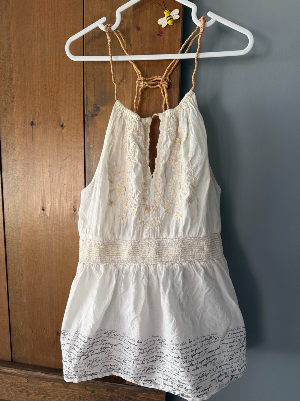 Free People Cream Embroidered Halter Camisole with Tan Braided Straps